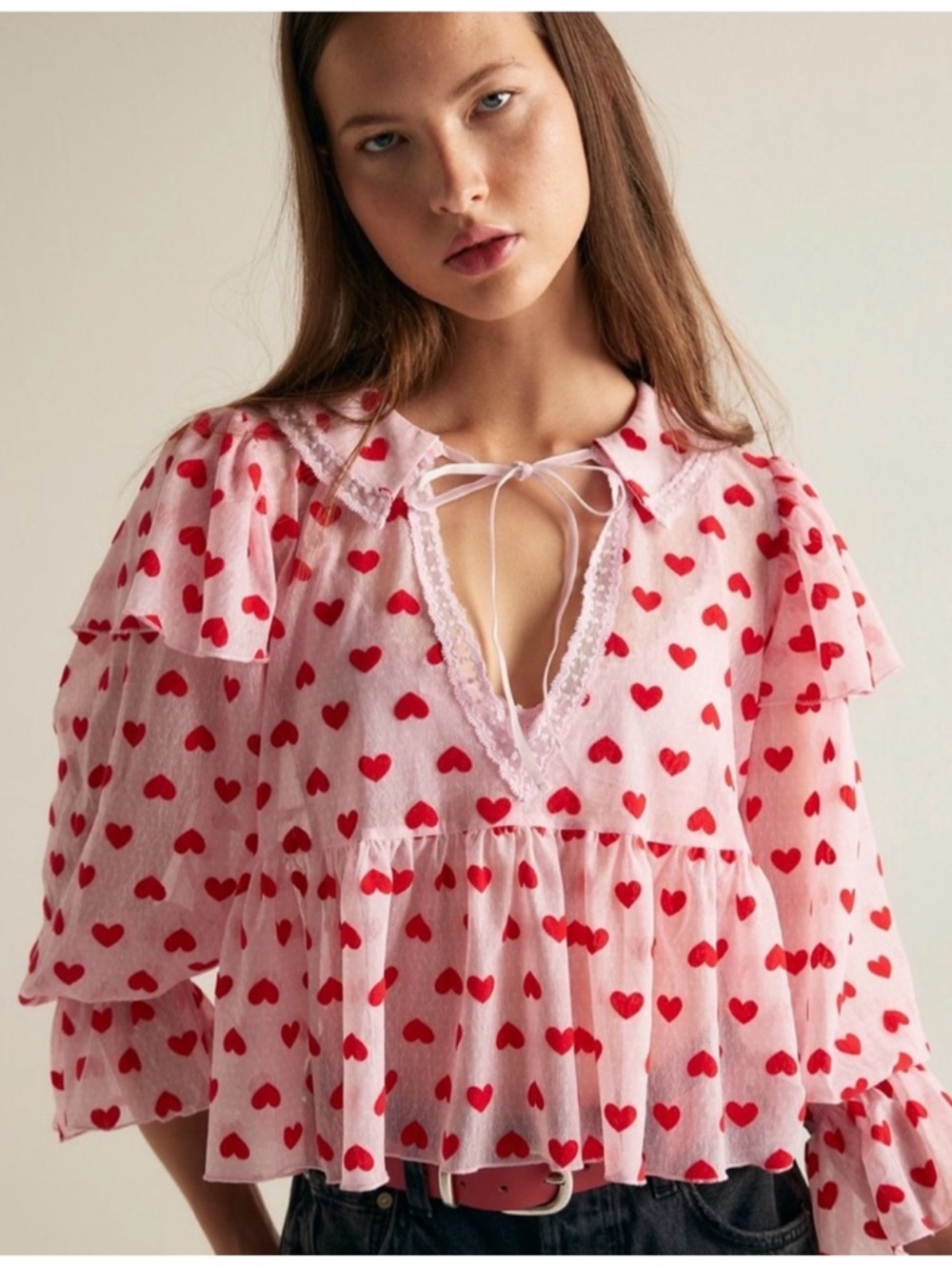 NWT Free People Cordellia Long Sleeve Blouse in Pink/Red Heart